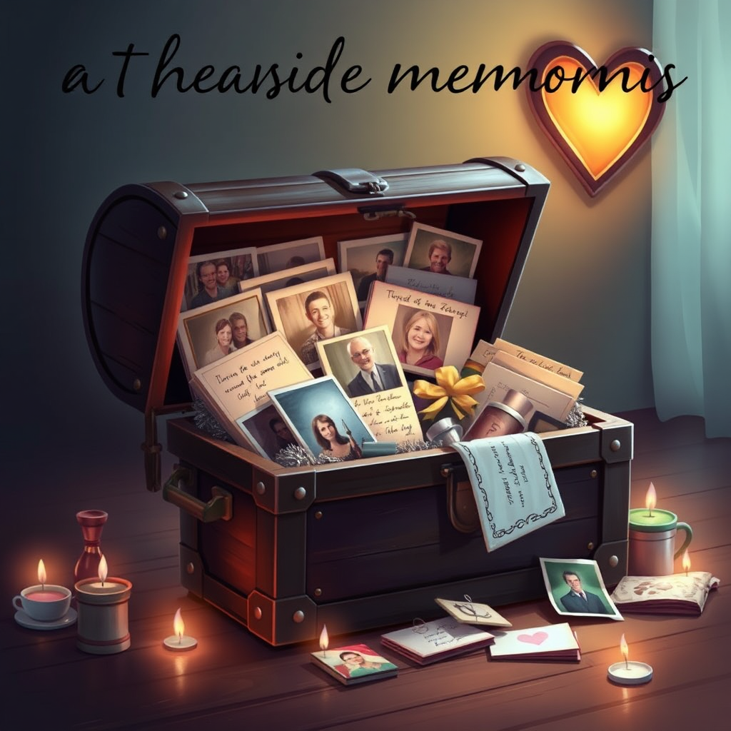 A stylized image representing a collection of cherished memories. The image features a treasure chest overflowing with photographs, letters, and other mementos of special moments shared with the mother. The lighting is warm and inviting, creating a sense of comfort and nostalgia. Style reference: a blend of realism and fantasy, with a focus on emotional storytelling.