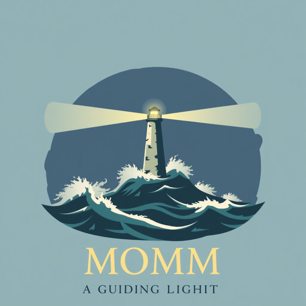 A stylized image representing a mother as a guiding light. The image features a lighthouse shining brightly in the darkness, symbolizing the mother's guidance and wisdom. The lighthouse is surrounded by a stormy sea, representing the challenges and obstacles that life presents. Style reference: a blend of realism and symbolism, with a focus on hope and resilience.