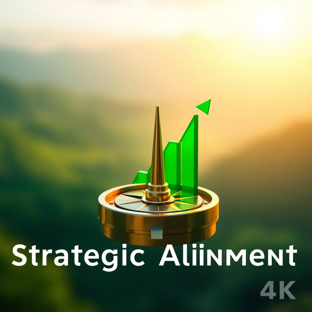 A stylized image representing strategic alignment. It depicts a compass pointing towards a rising graph, symbolizing business growth. The compass is metallic with a polished finish, and the graph is a vibrant green. The background is a soft, blurred landscape suggesting future possibilities. The lighting is bright and optimistic, emphasizing the forward direction. The color palette is primarily greens, golds, and blues, creating a sense of trust and direction. The style is modern and clean, drawing inspiration from minimalist design with 4K resolution.