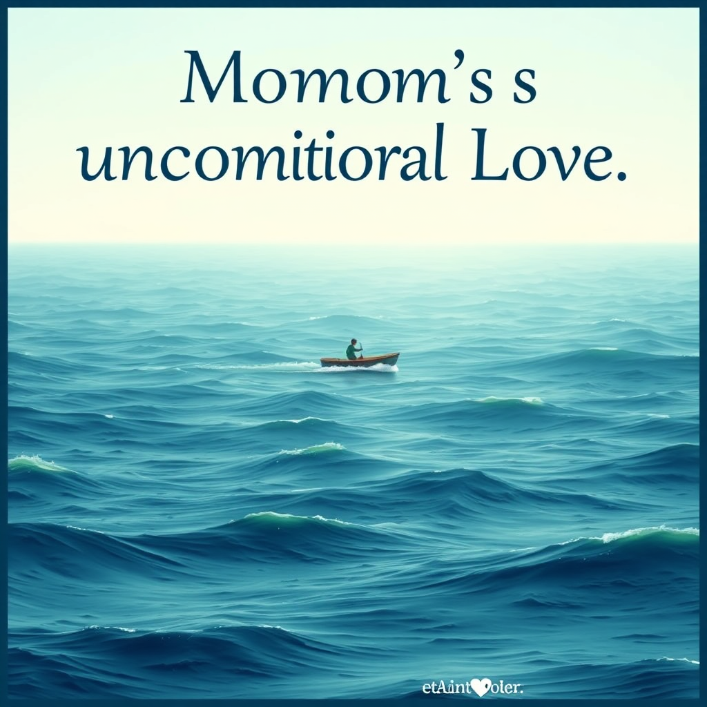 A stylized image representing a mother's unconditional love. The image features a vast ocean with gentle waves, symbolizing the depth and constancy of a mother's love. A small boat sails across the ocean, representing a child being guided and protected by their mother. The color palette is calming and serene, with shades of blue and green. The lighting is soft and ethereal, creating a sense of peace and tranquility. Style reference: a blend of realism and surrealism, with a focus on emotional impact.