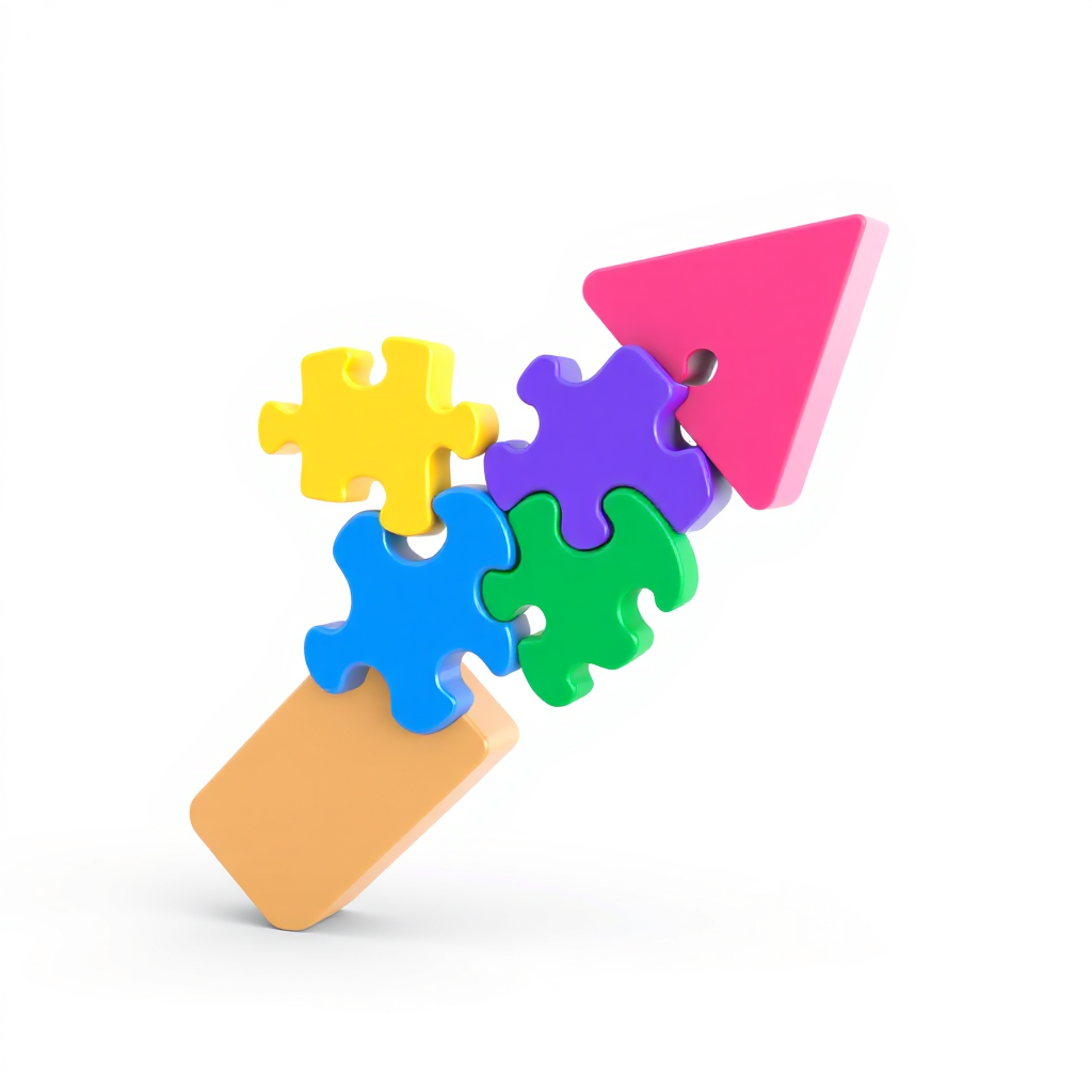 A stylized upward-pointing arrow made of interconnected puzzle pieces, symbolizing growth and conversion. The color palette should be vibrant and optimistic. Style: Clean 3D render. 4K resolution, high quality.