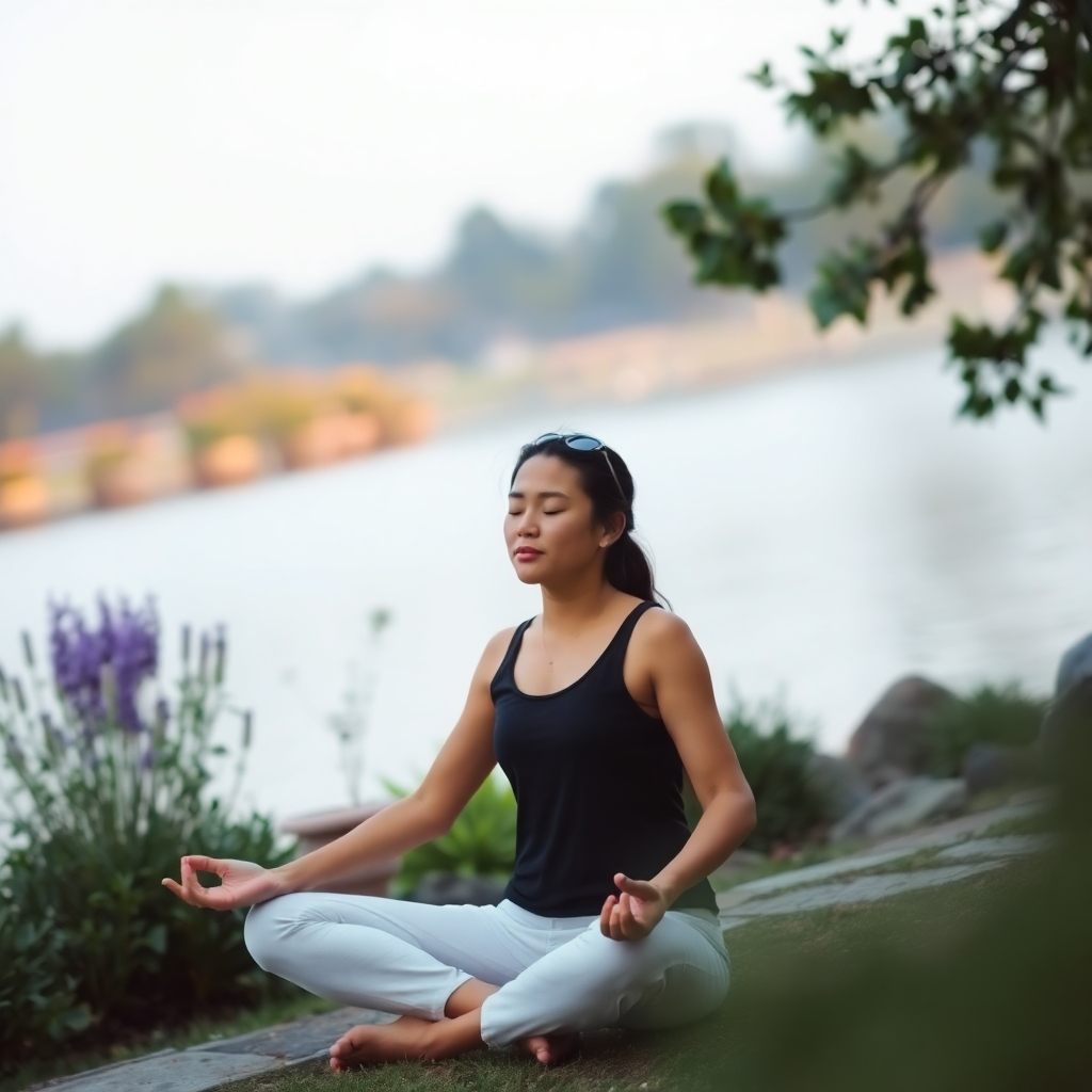 A tranquil scene of a person meditating in a serene setting, such as a garden or by a lake. Soft, diffused lighting creates a calming atmosphere. Focus on the person's relaxed posture and peaceful expression.