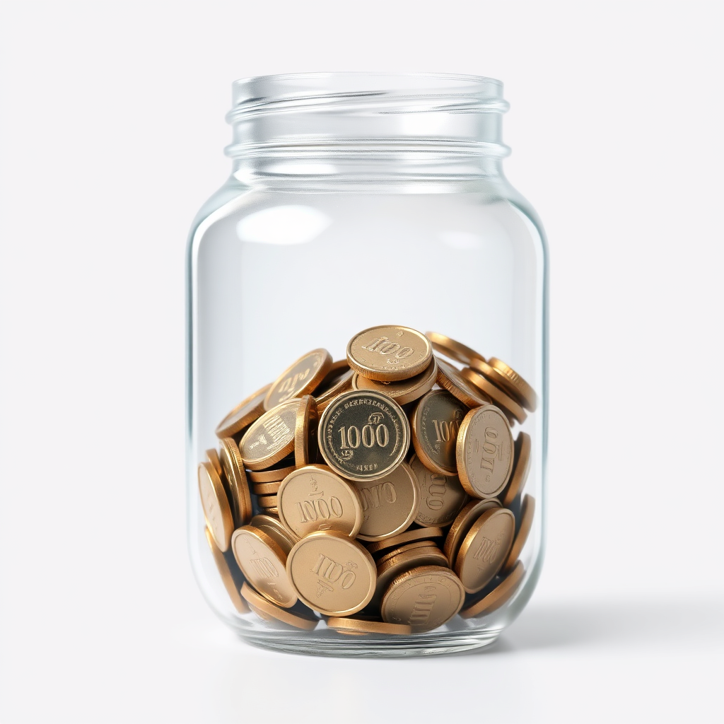 A transparent glass jar filled with exactly INR 1000 in coins, with the surrounding area clearly visible, indicating no hidden elements or costs. The lighting is bright and even, emphasizing the clarity. Style: Photorealistic render. 4K resolution, high quality.