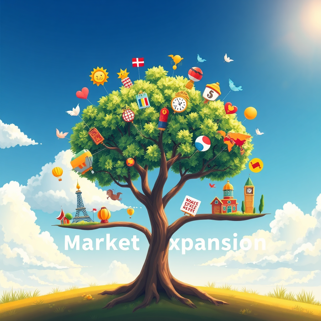 A vibrant and stylized image depicting market expansion. It shows a growing tree with branches reaching out to different global icons, representing various markets. The tree is lush and green, and the icons are colorful and distinct. The background is a bright blue sky with fluffy white clouds, suggesting limitless possibilities. The lighting is warm and inviting, creating a sense of opportunity. The color palette is diverse and energetic, reflecting the global reach. The style is illustrative and optimistic, inspired by travel posters with a 4K resolution.
