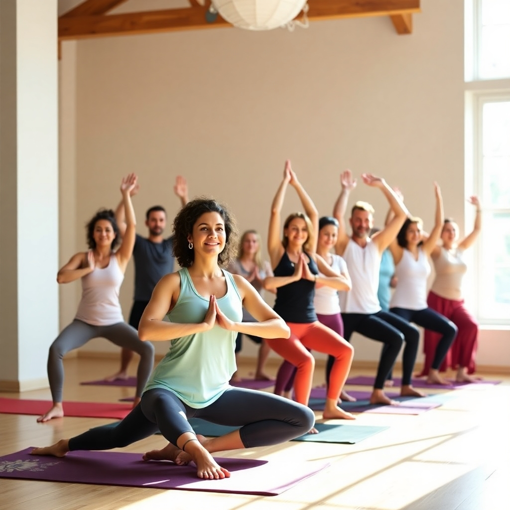 A vibrant image showing a diverse group of people in a yoga class, practicing a pose together. Natural light fills the studio, highlighting their focused expressions and coordinated movements. Emphasis on inclusivity and positive energy.