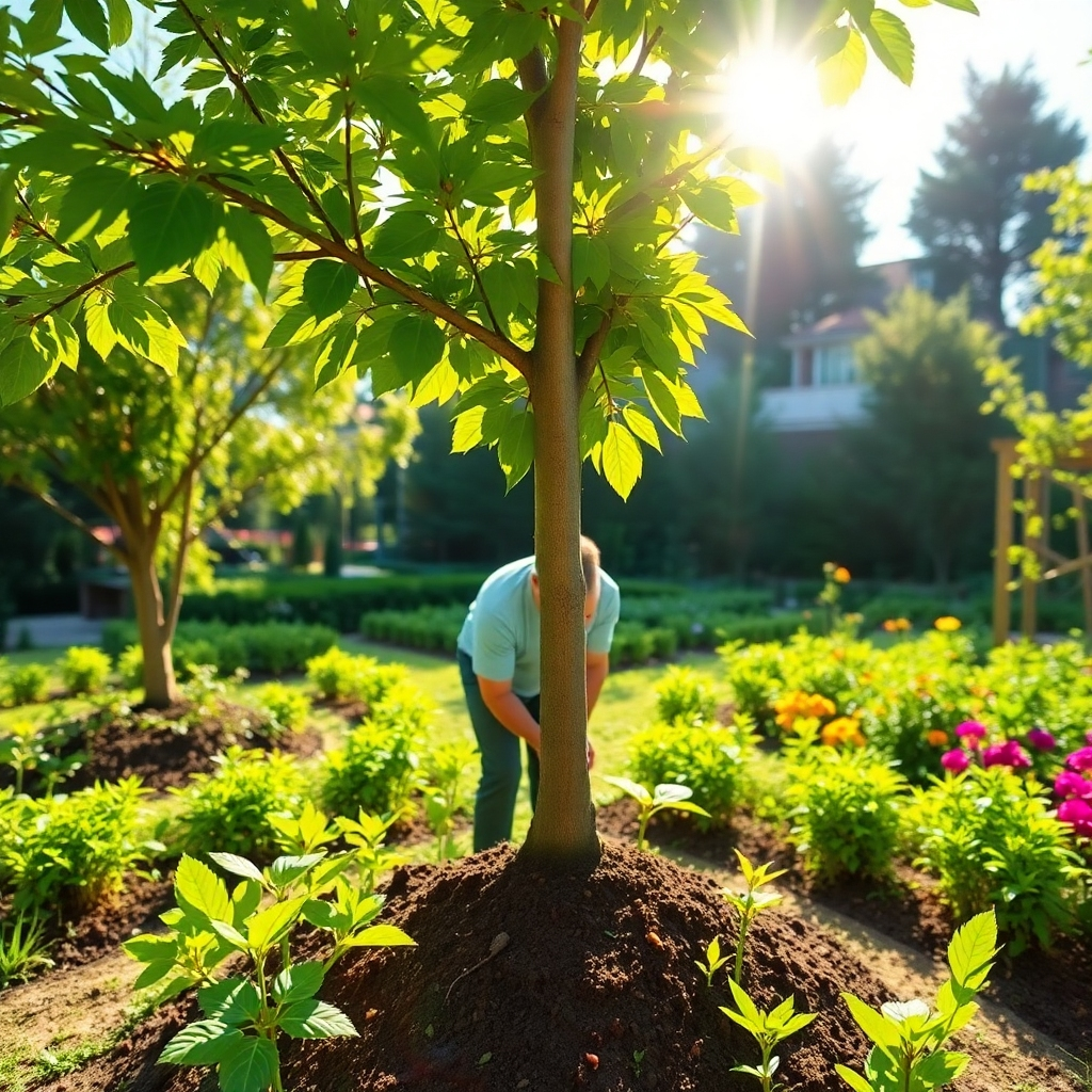 A vibrant, photorealistic image depicting a healthy tree with lush green foliage in the foreground. An arborist can be seen gently applying nutrients to the soil at the base of the tree. The background showcases a flourishing garden. Sunlight bathes the scene in a warm glow, symbolizing growth and vitality. 4K resolution, high-quality.