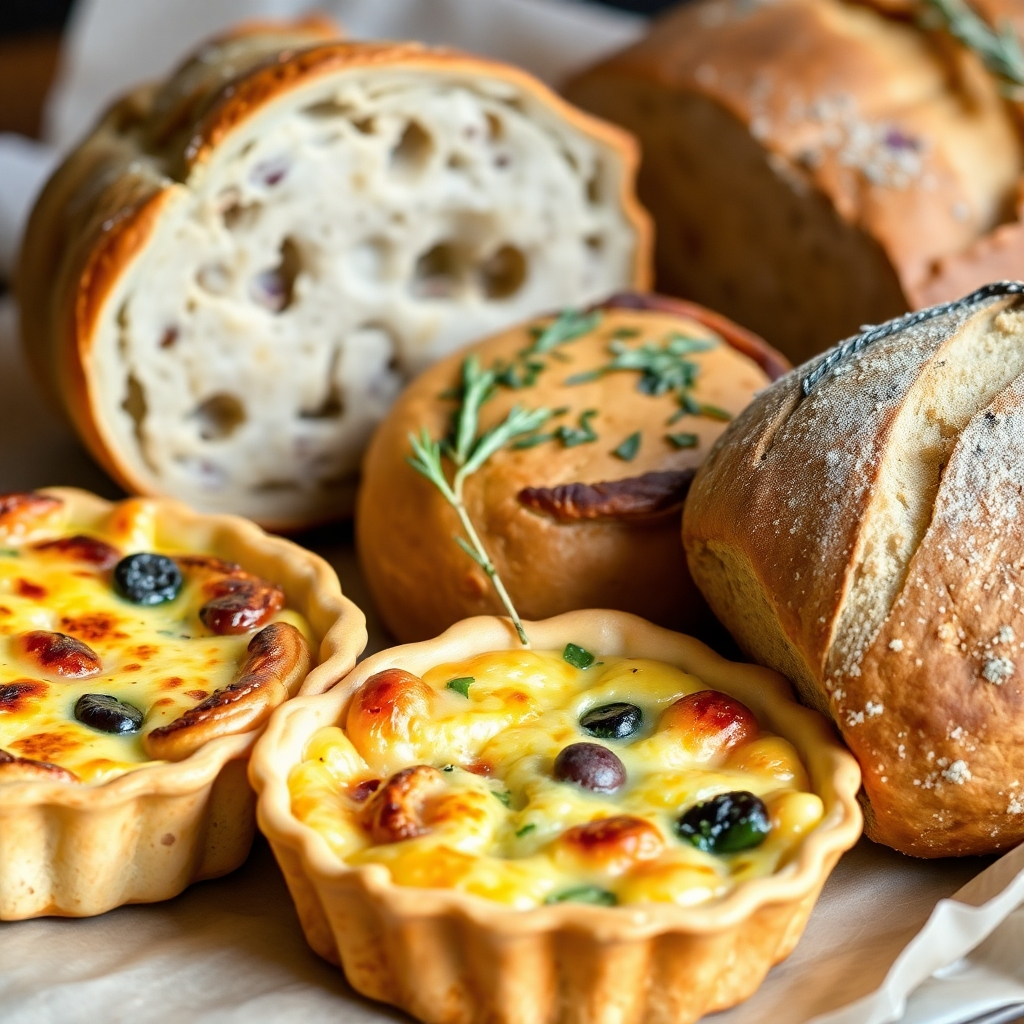 A visually appealing arrangement of savory baked goods. Include a quiche with visible fillings, a savory pastry with herbs, and a rustic loaf of bread. Use natural lighting and earthy tones.