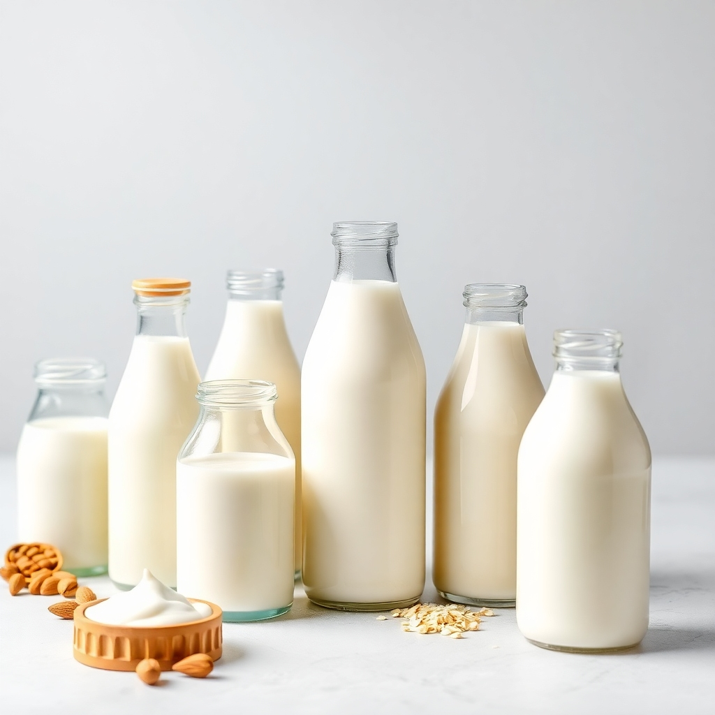 A visually appealing composition featuring different types of milk in various containers (glass bottles, cartons, etc.). The image should showcase the subtle color and texture variations between whole milk, skim milk, almond milk, soy milk, and oat milk. The lighting should be soft and diffused, highlighting the nuances of each type of milk. The background should be a clean, minimalist surface, allowing the different milks to stand out. Style reference: modern food photography with a focus on texture and color.