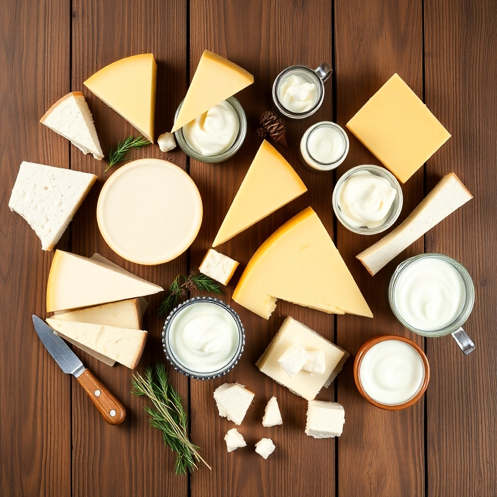 A visually appealing flat lay of various dairy products like cheese, yogurt, butter, and cream arranged artfully on a wooden table. The image should evoke a sense of abundance and high quality. Soft, diffused lighting to highlight the textures. Style: rustic, elegant, and appetizing.
