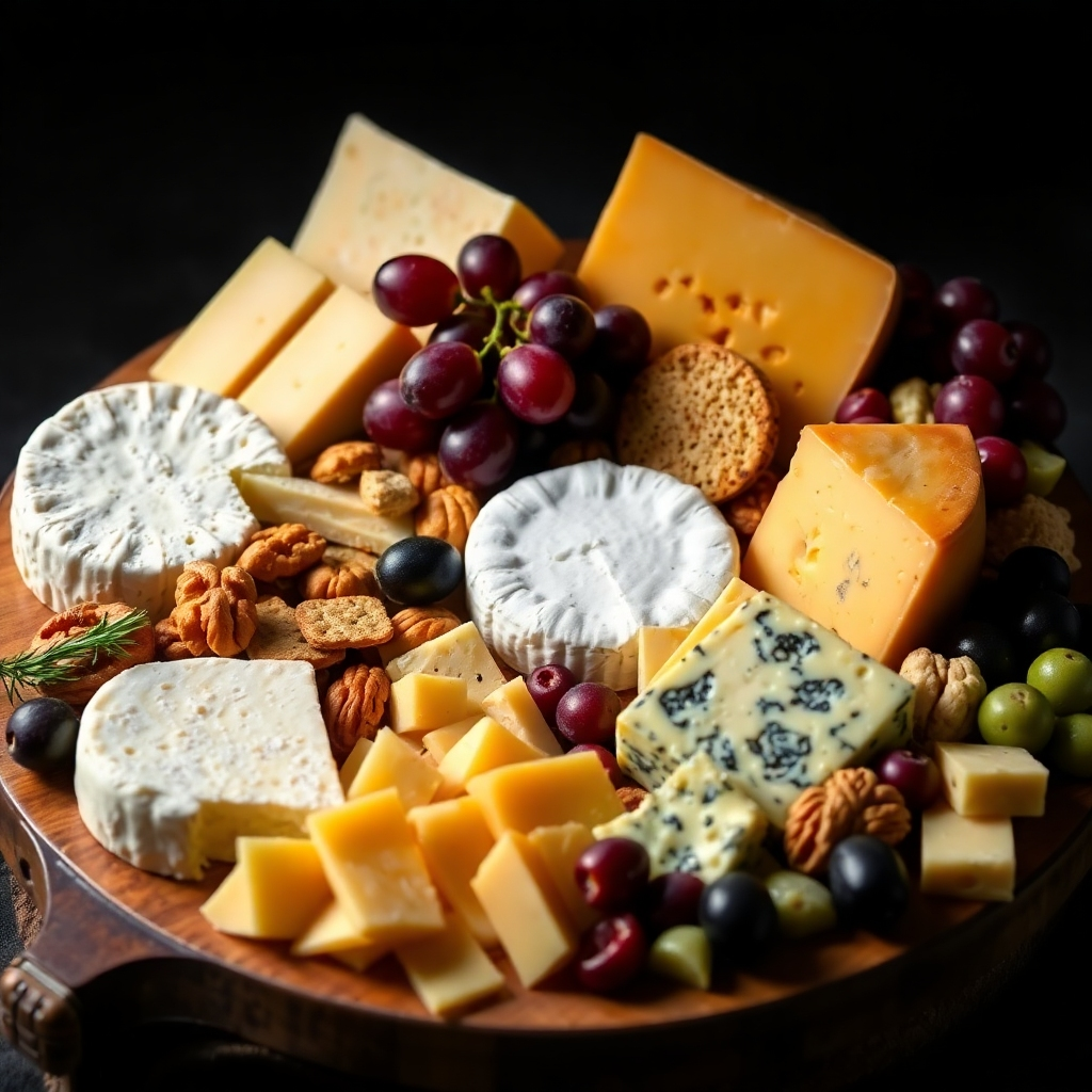 A visually stunning cheese board featuring a variety of cheeses: brie, cheddar, gouda, parmesan, and blue cheese. The cheeses should be arranged artfully, with accompanying elements like grapes, crackers, nuts, and olives. The lighting should be dramatic, highlighting the textures and colors of the cheeses. The background should be dark and moody, creating a sense of luxury and indulgence. Style reference: high-end food photography for a cheese advertisement.