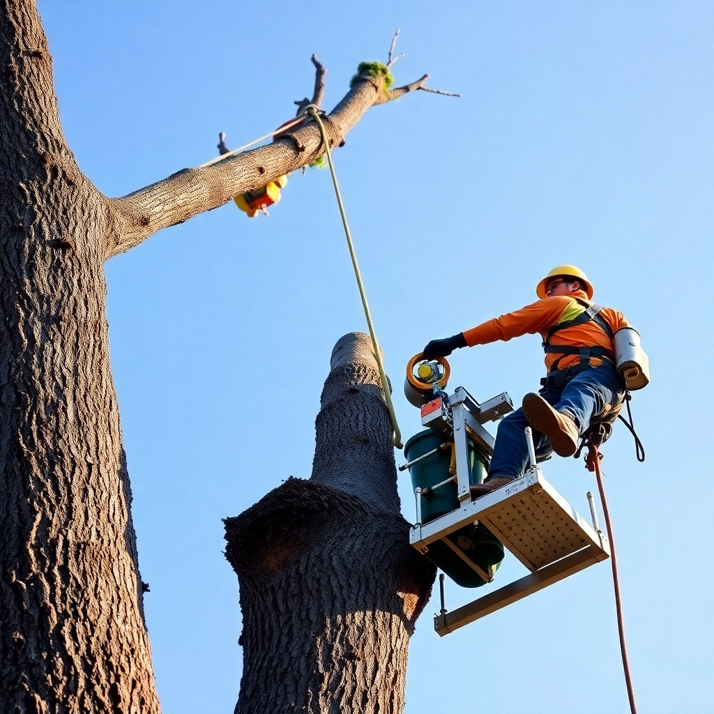 A wide-angle, photorealistic image of an arborist safely removing a large tree using specialized equipment. The arborist is wearing safety gear and following strict protocols. The background is a clear blue sky. 4K resolution, high-quality.