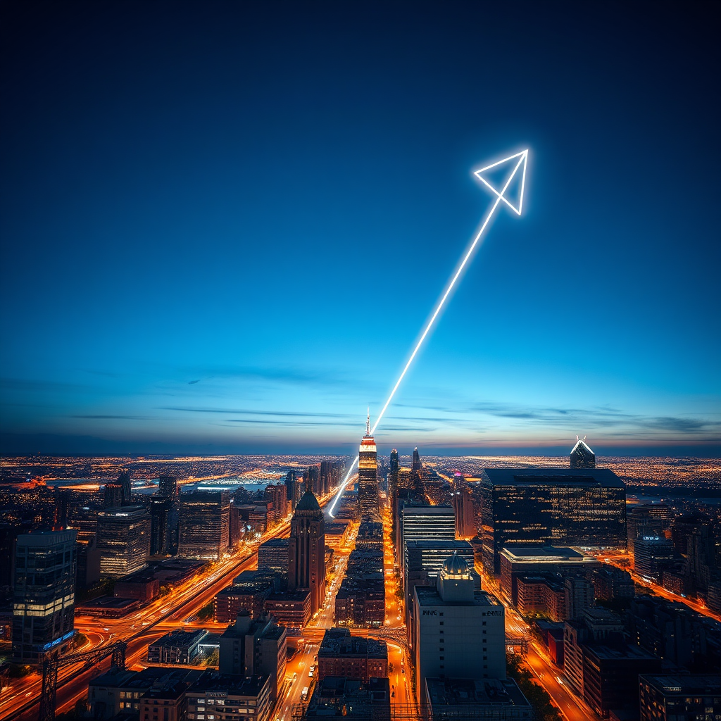 An aerial photorealistic view of a city at night, with interconnected lines of light forming a clear, forward-pointing arrow, symbolizing strategic direction. The city lights are warm and inviting, set against a deep blue twilight sky. Camera angle is high, emphasizing the vastness of the potential and the clarity of the path. The image should be crisp, high-resolution, and evoke a sense of possibility and guidance. The overall tone should be modern and sophisticated.