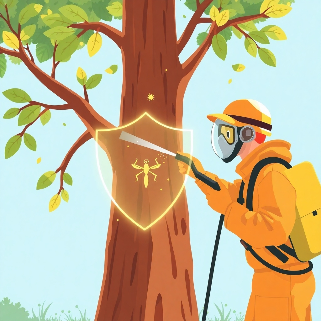 An illustrative image depicting an arborist applying a protective treatment to a tree. The treatment is symbolized by a glowing shield surrounding the tree, deflecting insects and disease. The color palette is bright and optimistic, conveying a sense of protection. 4K resolution, high-quality.