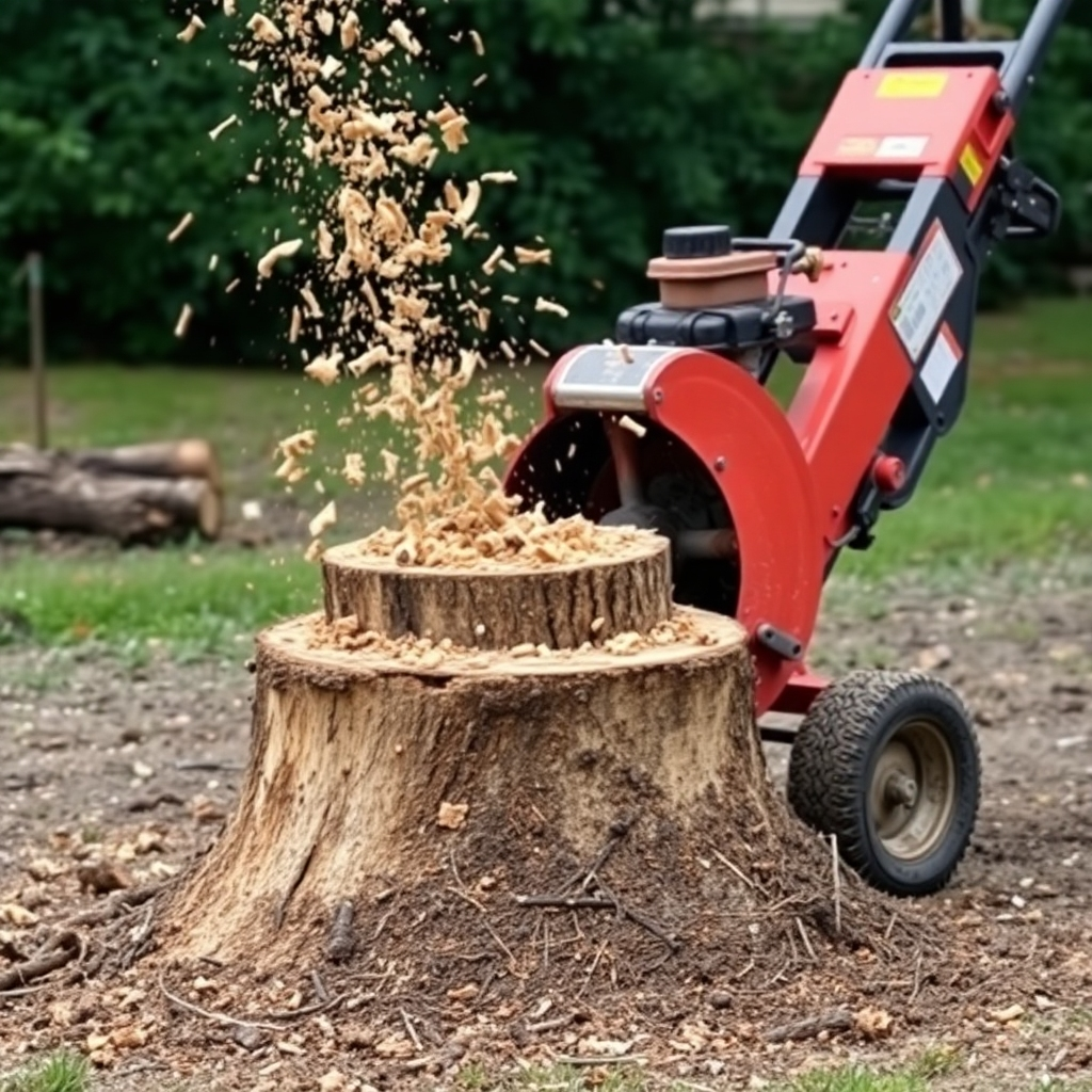 An image of a stump grinder in action, efficiently removing a tree stump. Wood chips fly into the air as the grinder works. The surrounding area is clean and tidy. 4K resolution, high-quality.