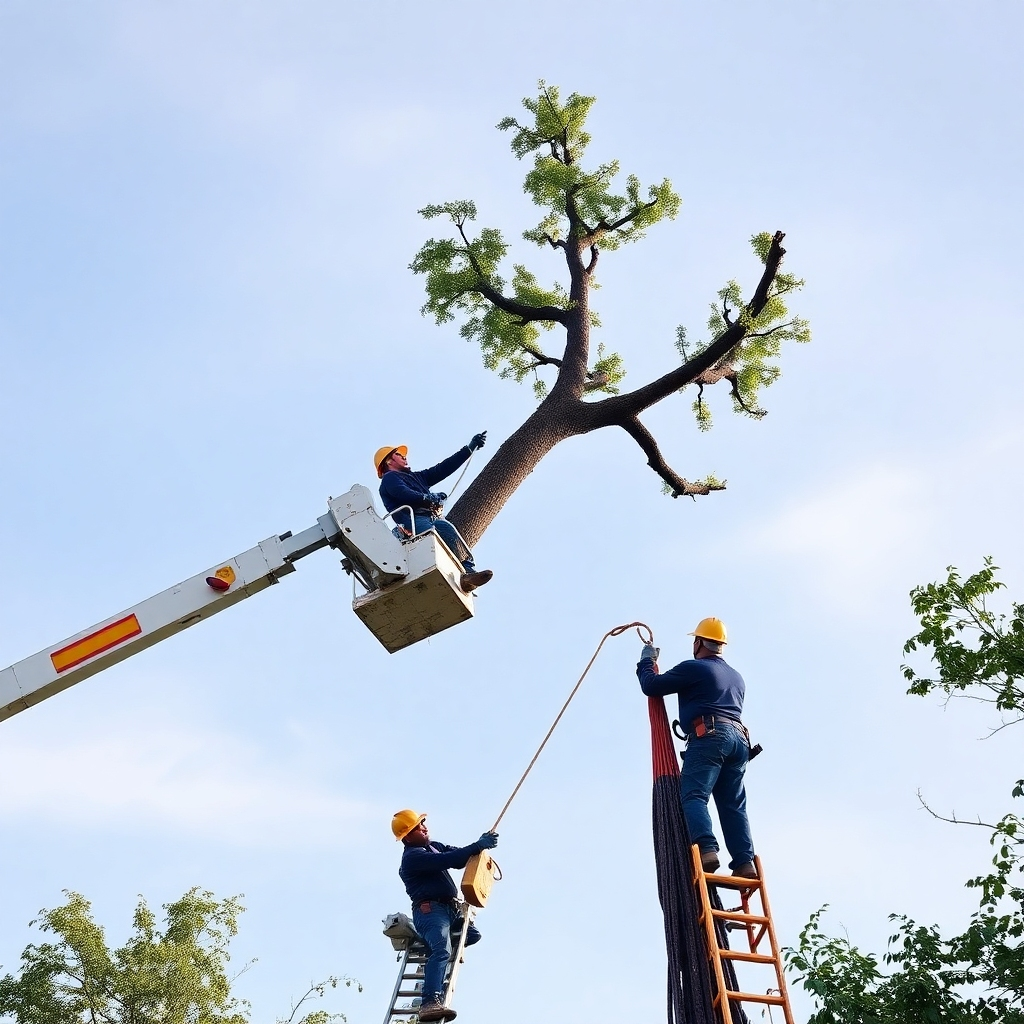 An image of a tree being safely removed using specialized equipment, with trained arborists ensuring a controlled and efficient process. The background features a clear sky. Safety is paramount. 4K resolution.