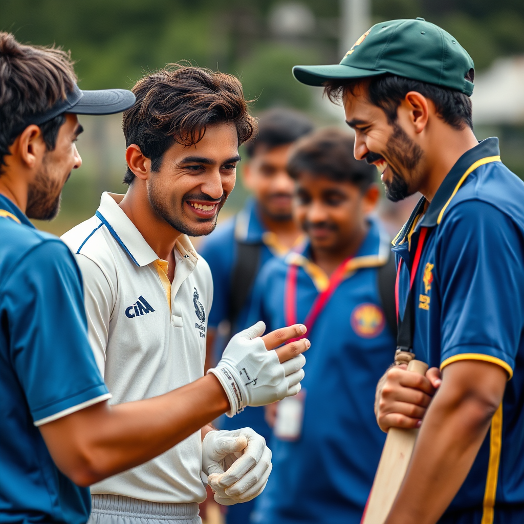 An inclusive image showing diverse players helping each other during a cricket session. A more experienced player is coaching a beginner, offering guidance. The expressions are friendly and supportive. Composition should highlight the sense of mentorship and encouragement. Style: Documentary photography.