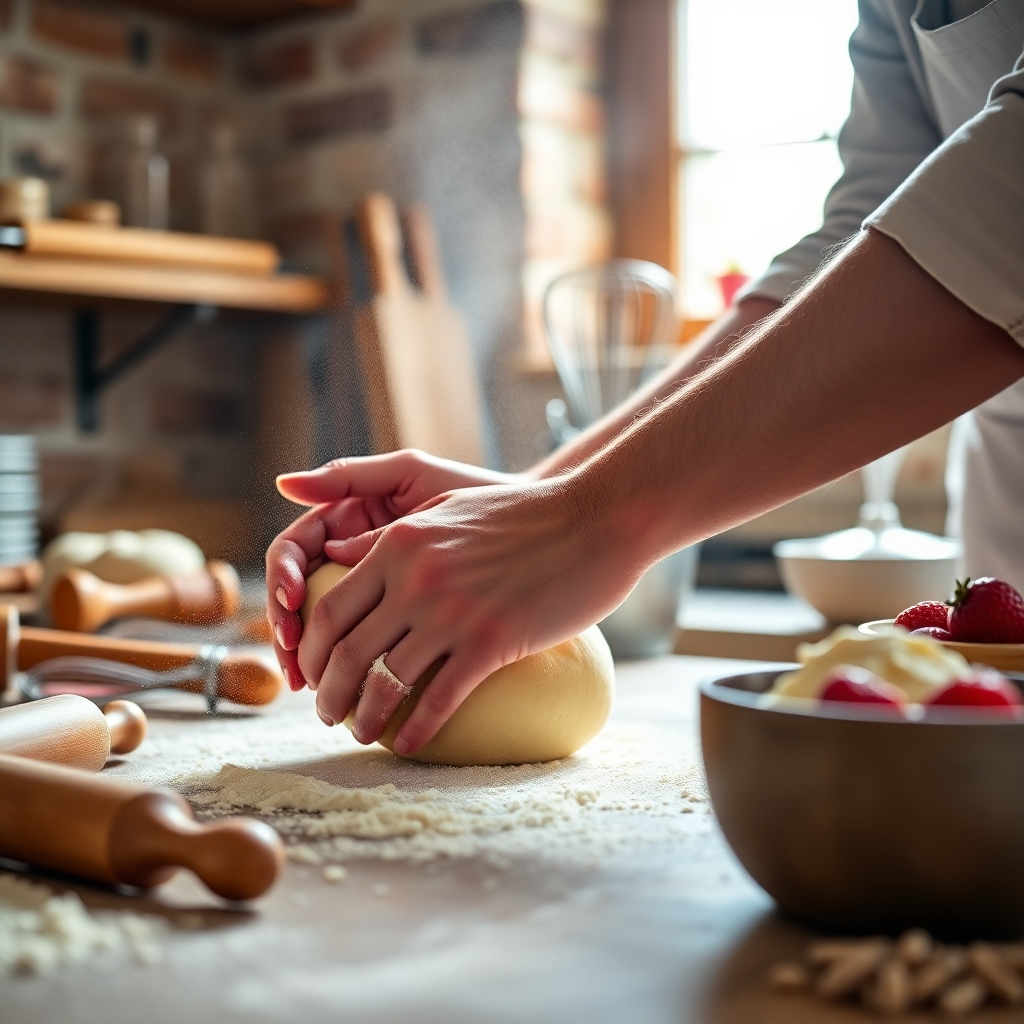 Create a 4K, high-quality image representing the heart of xyz Bakery. The scene should depict a warm and inviting bakery kitchen, with a focus on the hands of a baker expertly kneading dough. Flour dusts the air, illuminated by soft, natural light streaming through a nearby window. Display various baking tools such as rolling pins, whisks, and mixing bowls. The backdrop could be a partially visible brick wall or wooden shelves stocked with ingredients. The color palette should be warm and earthy, with pops of color from fresh fruit or berries used in the baking process. The camera angle should be close-up, emphasizing the texture of the dough and the baker's focused expression. Style reference: Emphasize a rustic, artisan feel, showcasing the craft of baking.