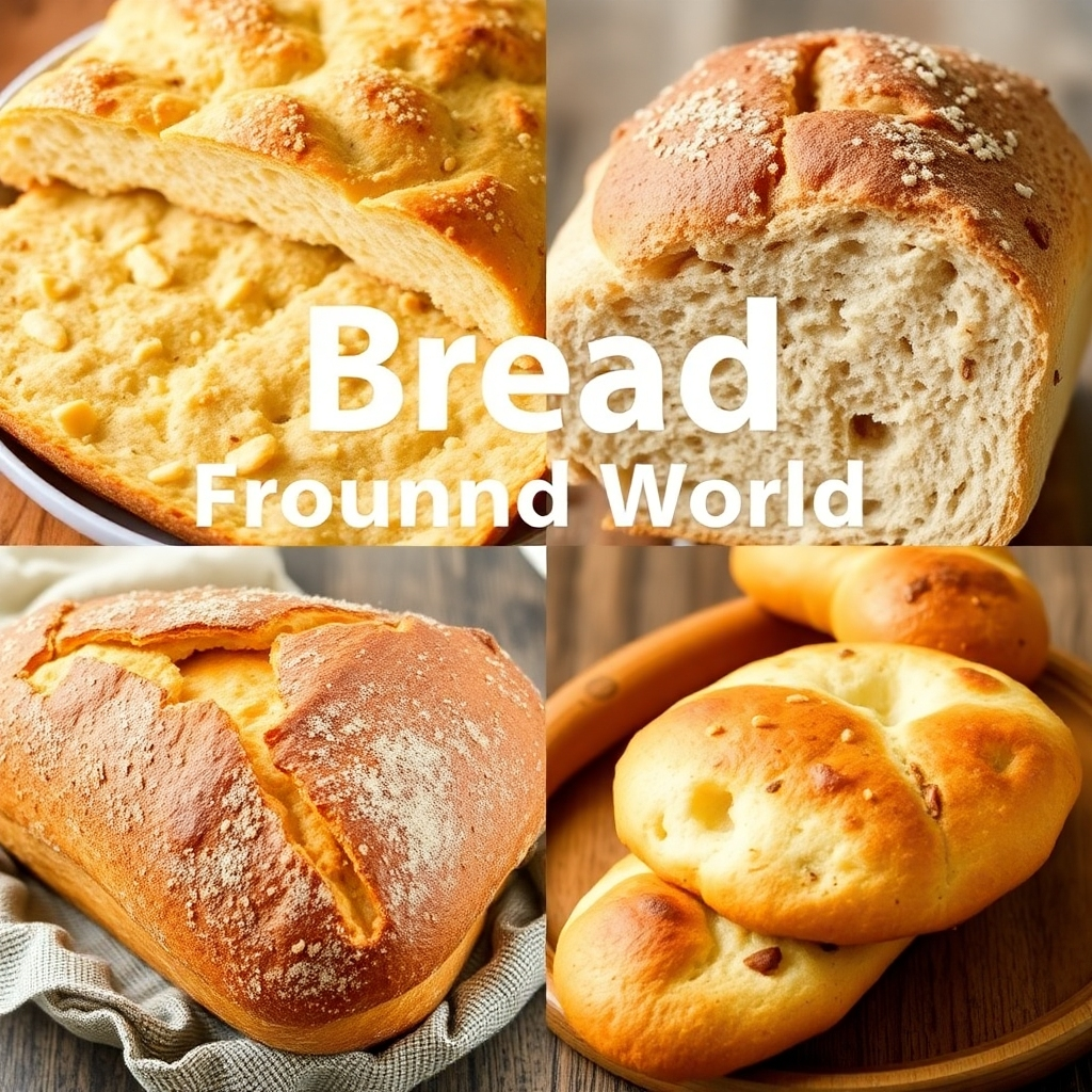Create a collage-style image showcasing various types of bread from around the world. Include focaccia, milk bread, baguette, and naan. The image should highlight the distinct textures and shapes of each bread. Use warm and inviting lighting.