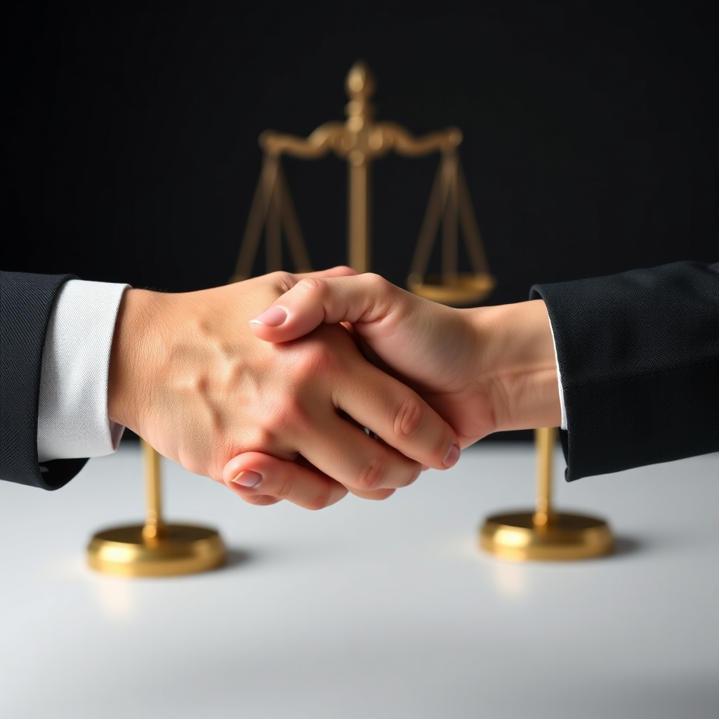 Create a dynamic image of two hands shaking firmly, with subtle scales of justice in the background, representing fair negotiation. Use a professional and trustworthy color palette.