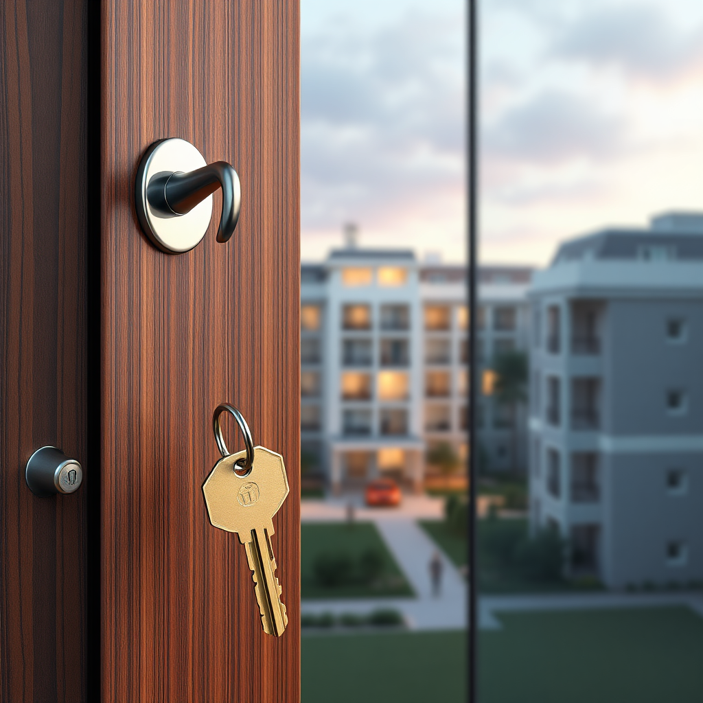 Create a photorealistic image of a key unlocking a door that reveals a beautiful, modern apartment complex. The scene should convey exclusivity and access to new opportunities.