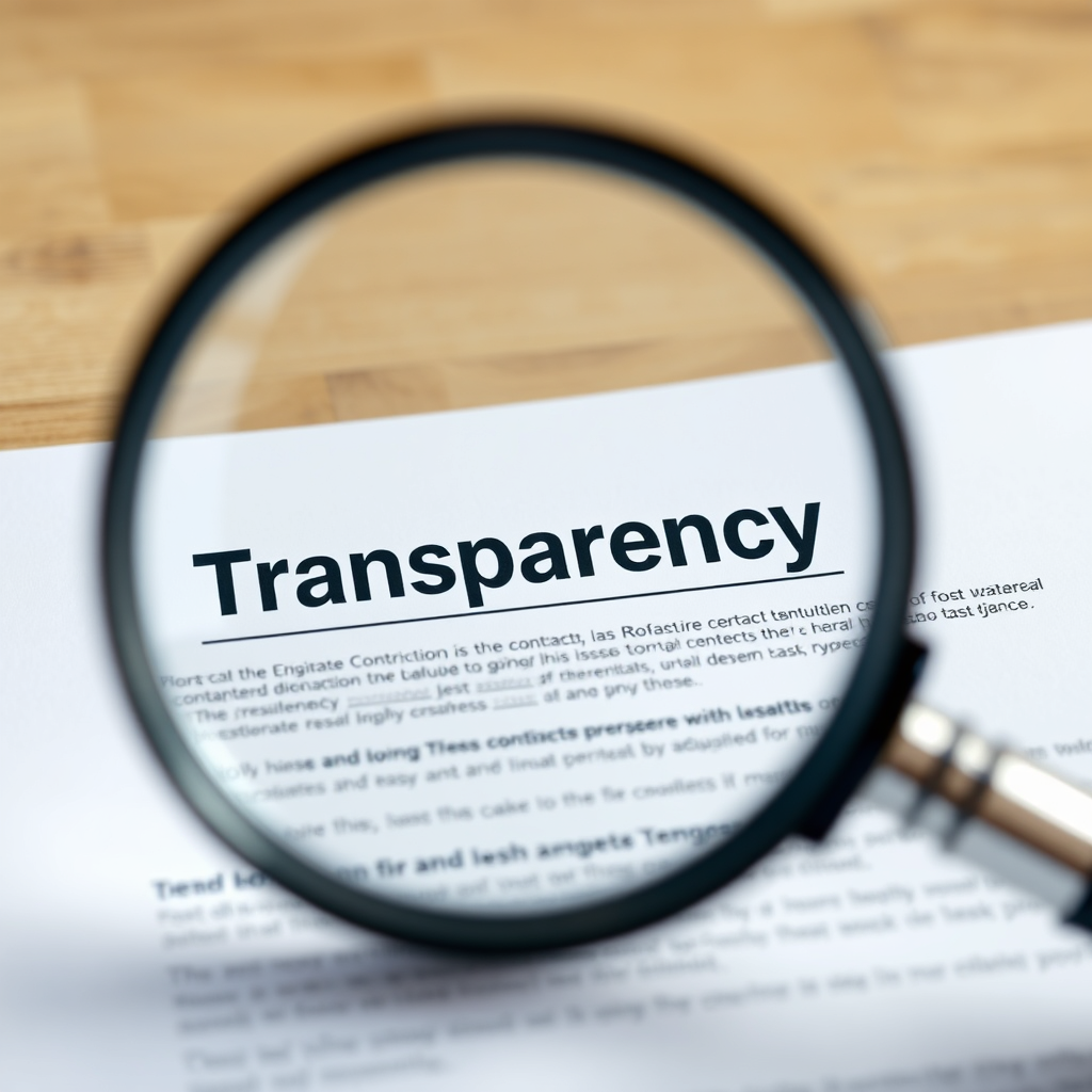 Create a photorealistic image of a magnifying glass over a contract, highlighting the word 'Transparency'. The contract should be clean and easy to read. Use a neutral background.