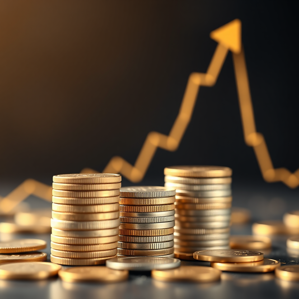 Create a photorealistic image of a growing stack of coins with a graph trending upwards in the background. The focus should be on the increasing financial gain. Use golden lighting and a shallow depth of field.