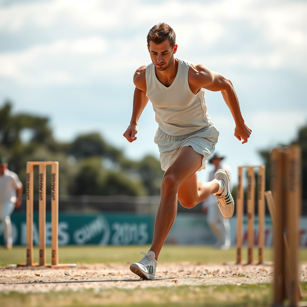 Create a photorealistic image showing a person mid-stride, running between the wickets during a cricket match. The focus should be on their athletic form, showcasing the physical exertion of the sport. The background should be slightly blurred to emphasize the subject. Lighting is bright and natural, highlighting muscle definition. Style is reminiscent of fitness magazine photography.
