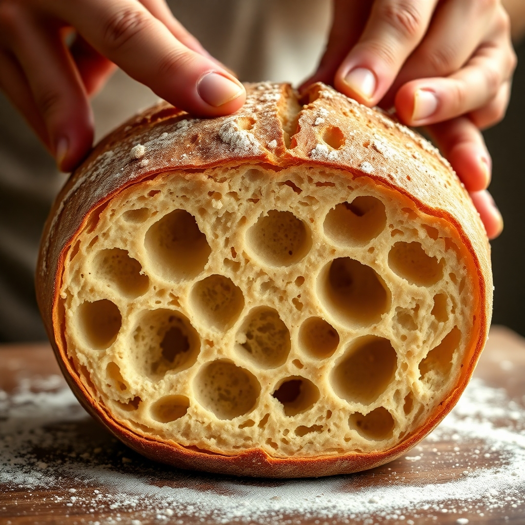 Create a photorealistic image showcasing a freshly baked sourdough loaf, revealing its airy interior with large holes. The crust should be golden-brown and slightly dusted with flour. A baker's hands could be gently tearing a piece off to reveal the texture. Lighting should be warm and focused, highlighting the bread's texture.