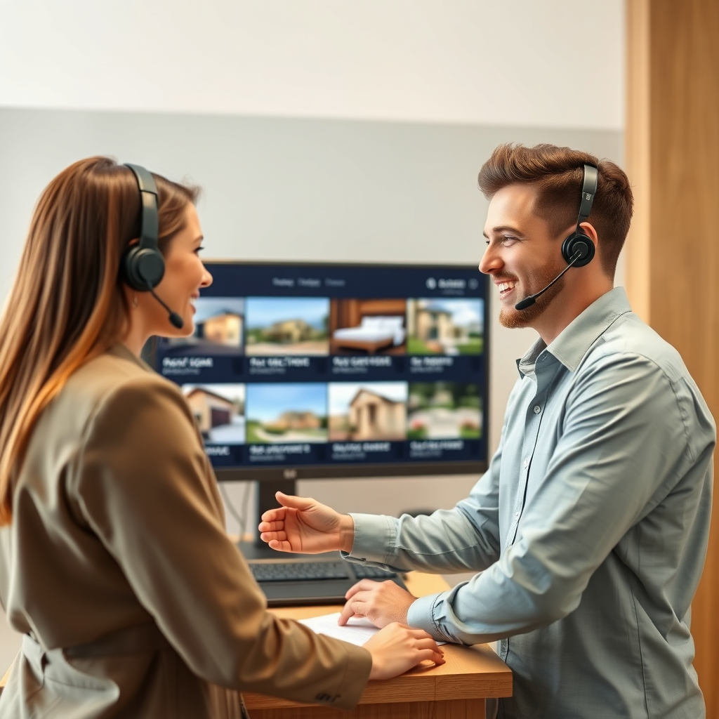 Create a photorealistic image of a friendly customer service representative assisting a client in front of a screen showcasing properties. The atmosphere should be warm and helpful.