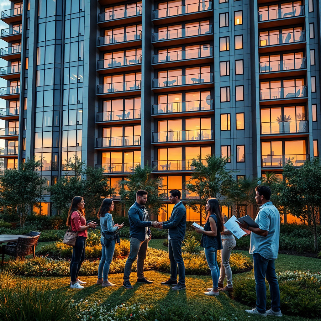 Create a photorealistic image showcasing a handshake between a builder and a home buyer in front of a newly constructed building. The environment should be bright and professional.