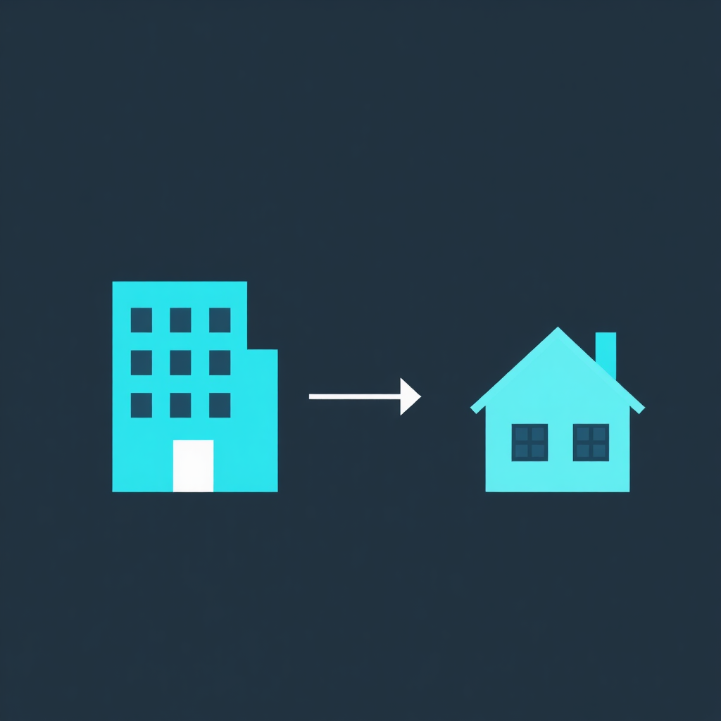 Create a stylized image depicting a direct line connecting a building (representing the builder) to a house (representing the customer). The line should be bright and clear, signifying a streamlined process. Use minimalist design and a clean color palette.
