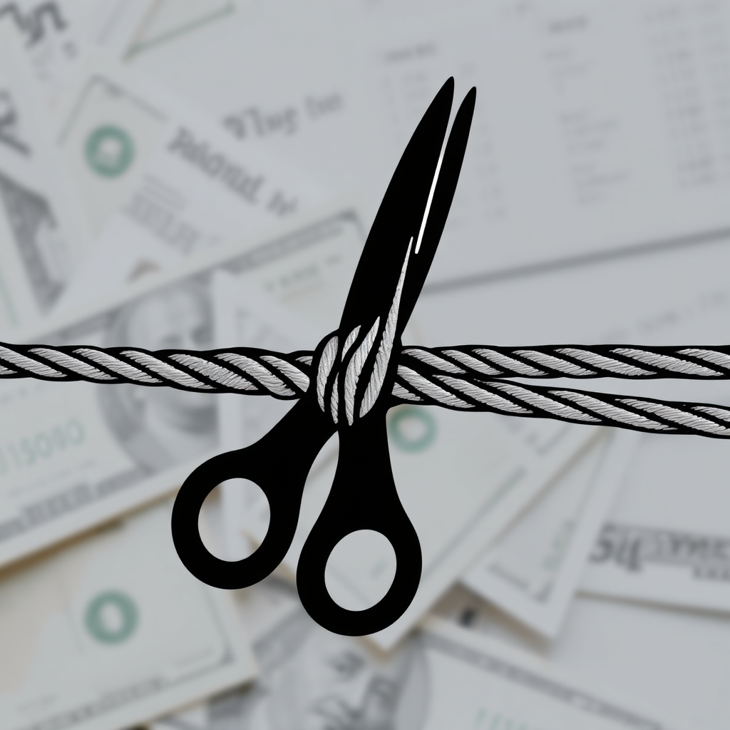 Create a stylized image of a pair of scissors cutting a rope, symbolizing the removal of extra costs. The background should feature a pile of money or a savings chart.