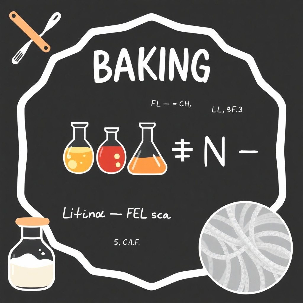 Create a stylized image representing the scientific aspects of baking. It could include beakers with ingredients, chemical formulas written on a chalkboard, or microscopic images of gluten strands. Use a clean and modern aesthetic.