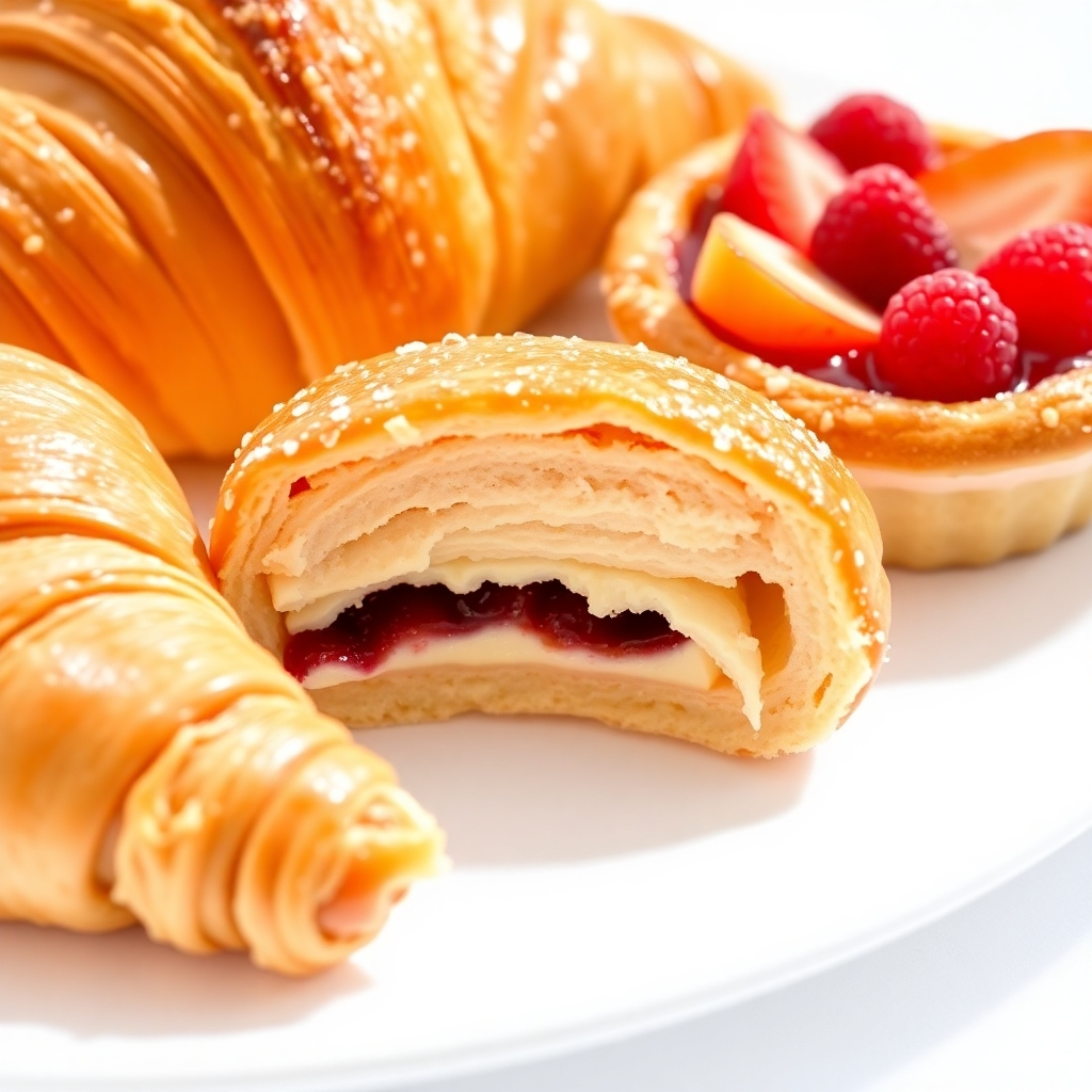 Create a visually appealing image of an assortment of pastries. A croissant, éclair, and fruit tart should be clearly visible. The focus should be on the flaky layers of the croissant and the rich filling of the éclair. Use bright, natural lighting.