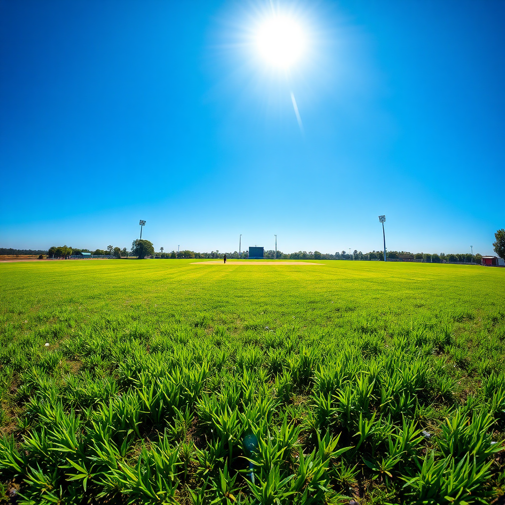 Create a wide-angle shot of a cricket field bathed in morning sunlight. The sky is clear blue, and the grass is vibrant green. Focus on the vastness of the field and the sense of freedom and open space. A few players are visible in the distance, adding a sense of scale. Style: Landscape photography with a sporty twist.