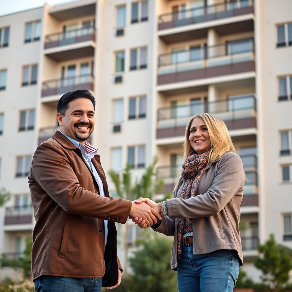 Create an image depicting two people shaking hands in front of a newly built apartment complex. The expressions should convey trust and satisfaction. Use warm, natural lighting.