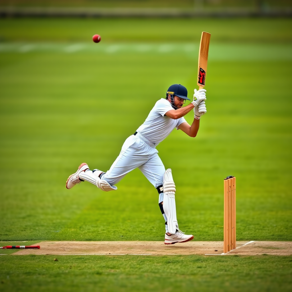 Create an image focusing on various body parts engaged during cricket – a strong arm throwing the ball, legs running between wickets, a torso twisting to hit a shot. The image should visually represent a full-body workout. Background is a blurred cricket field. Style: action photography emphasizing athletic performance.