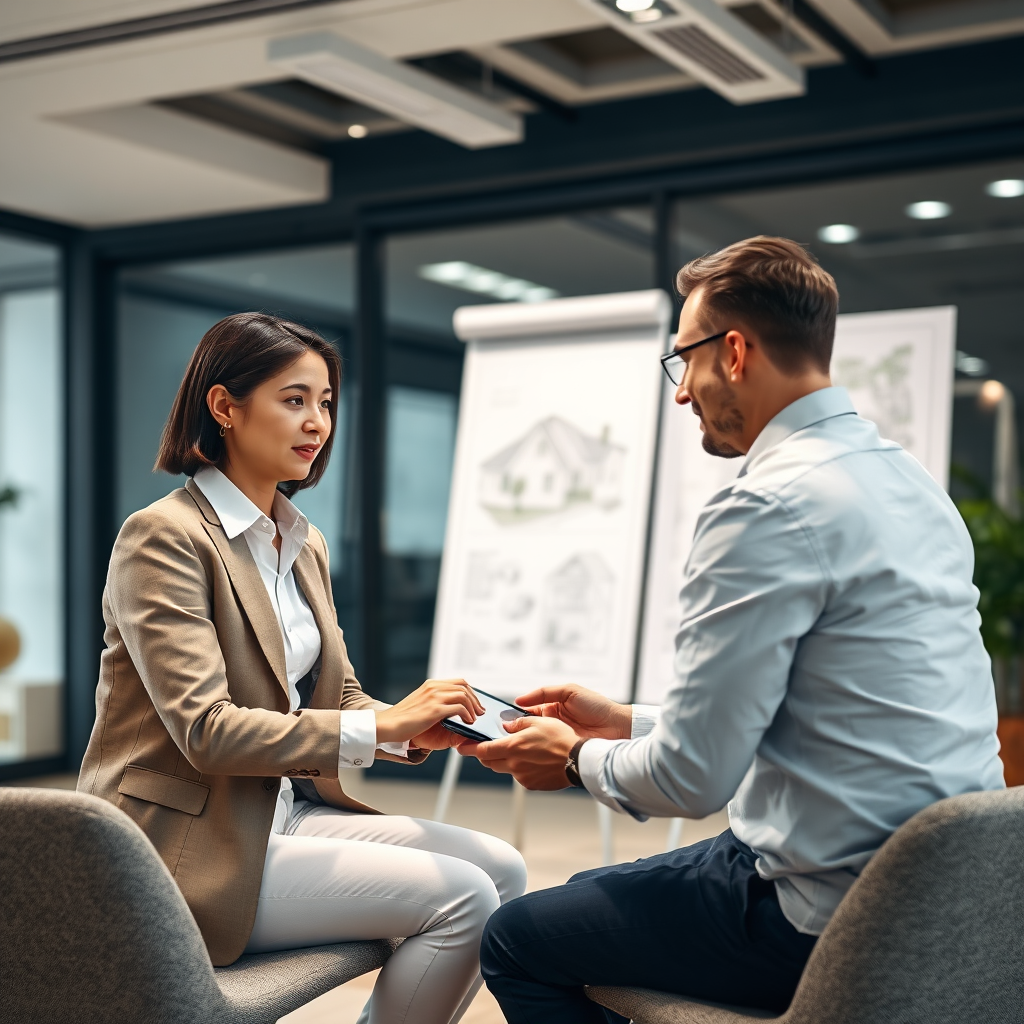 Create an image of a consultant sitting across from a client, discussing property options on a tablet. The setting should be a modern office with architectural plans in the background.