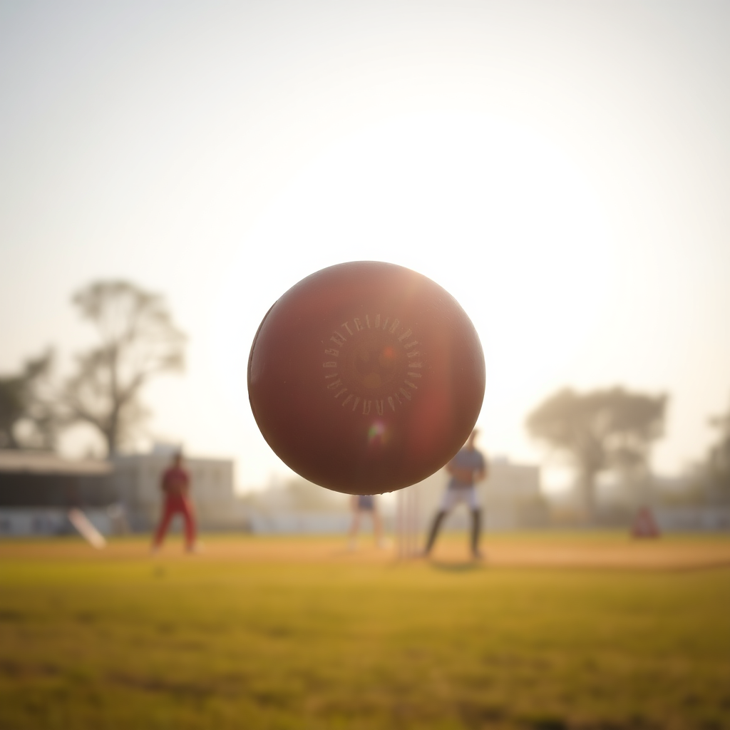 Create an image of a cricket ball in mid-air, slightly blurred to convey motion, with the backdrop showing players in action during a Sunday morning game in Ulwe. The image is brightly lit to represent the sunny weather.