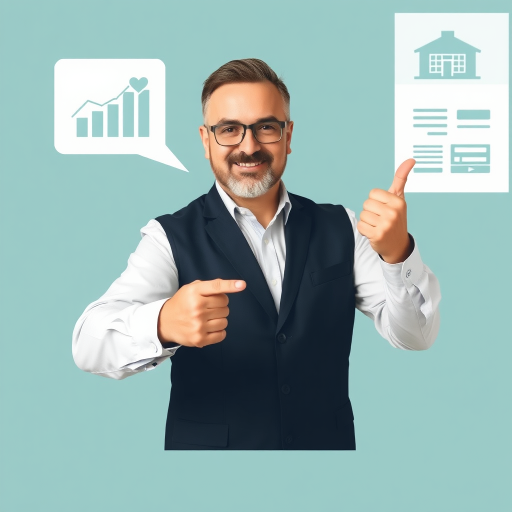 Create an image of a financial advisor pointing at a graph showcasing the growth of property investments. The scene should emphasize trust and expertise.