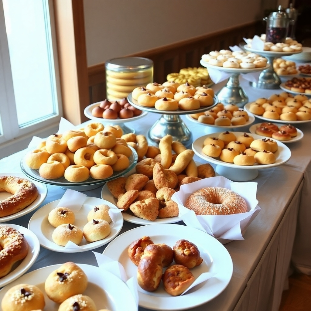Depict a catering setup with an assortment of baked goods and pastries arranged on a buffet table. Include both sweet and savory items. The image should convey abundance and variety.
