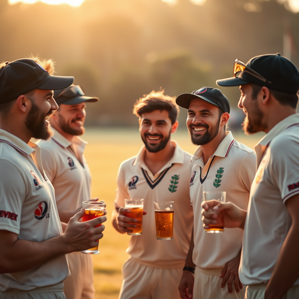Generate a warm, inviting image of a group of cricket players socializing after a game. They are laughing and chatting, some sharing drinks, with a cricket field in the soft-focus background. The lighting should be golden hour, creating a sense of warmth and camaraderie. Composition should emphasize connection and shared enjoyment. Style: lifestyle photography.