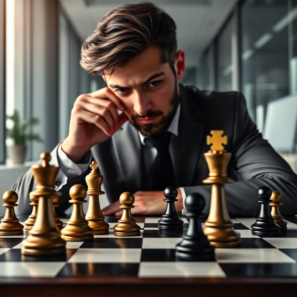 Photorealistic image of a chess game in progress, with a focused individual contemplating their next move, symbolizing strategic planning. The chessboard is set against a backdrop of a modern office, highlighting the professional context. Use a monochromatic color scheme with subtle accents of gold.