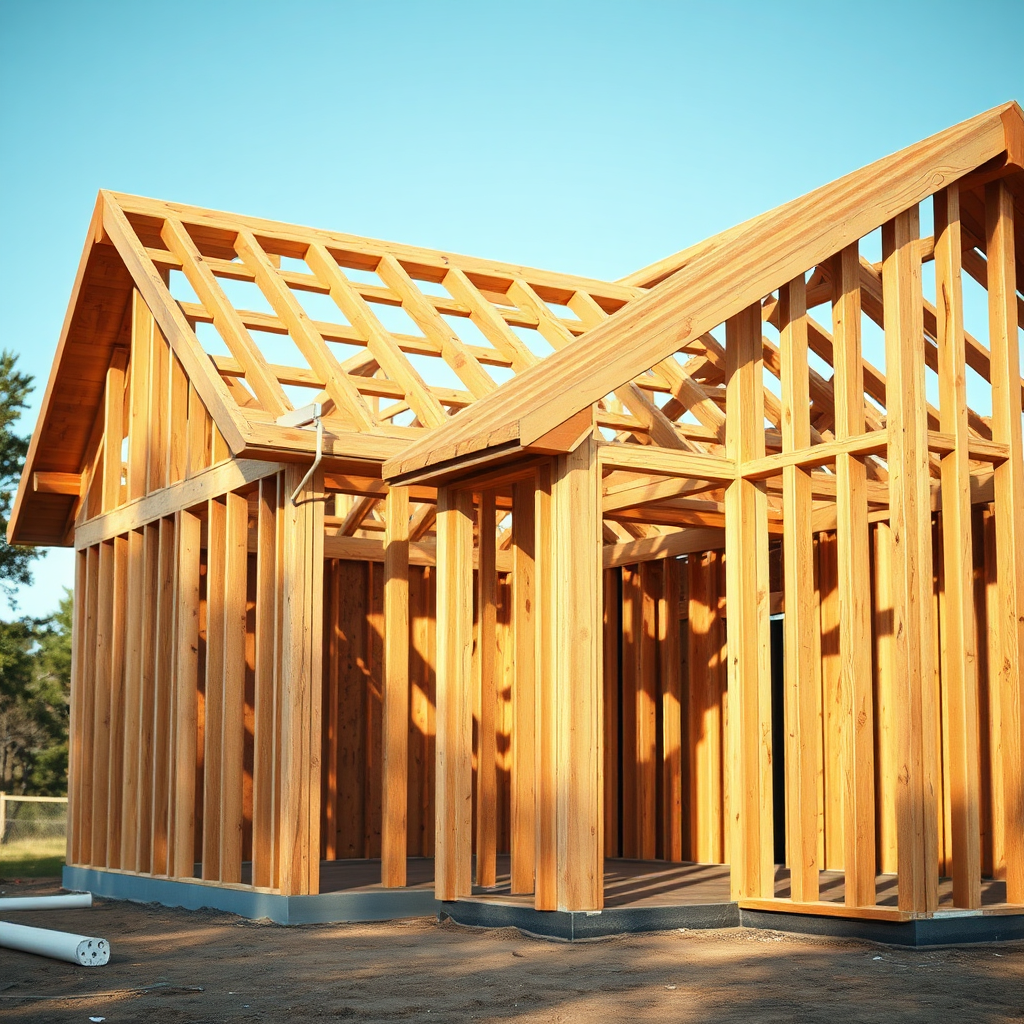 Photorealistic image of a partially constructed wooden frame for a house. The frame is sturdy and well-built, showcasing the essential elements of framing and construction. The lighting should be natural and realistic, capturing the outdoor environment. The camera angle should be wide, providing a comprehensive view of the frame.