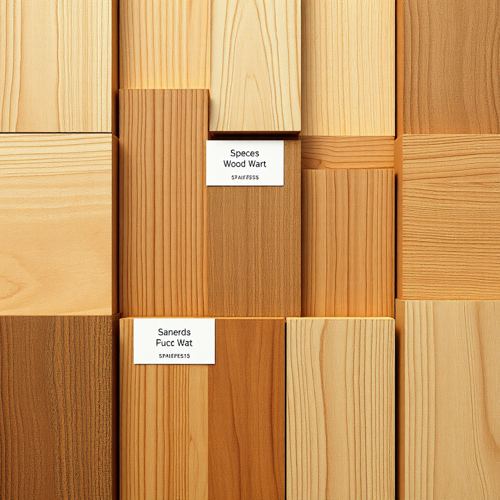 Photorealistic image of a variety of wood samples, each clearly labeled with its species name. The samples should range in color and grain pattern, showcasing the diversity of wood. The lighting should be soft and even, highlighting the natural beauty of the wood. The camera angle should be close-up, capturing the intricate details of the grain. Focus on textures and realistic material rendering.
