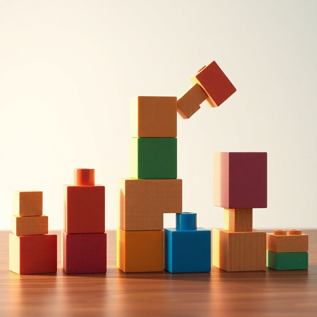 Photorealistic image of building blocks assembling into a strong, stable structure, each block representing a different skill being developed. The structure is bathed in soft, warm light, conveying a sense of stability and progress. Use a variety of colors for the blocks to symbolize diverse skills.