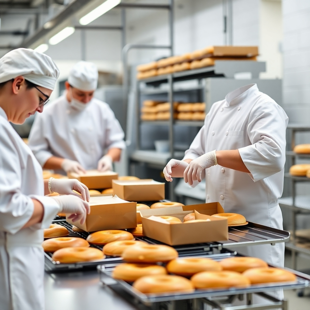 Show a bakery production line with bakers packaging baked goods for wholesale distribution. The image should convey efficiency and high-quality production. Use bright and clean lighting.