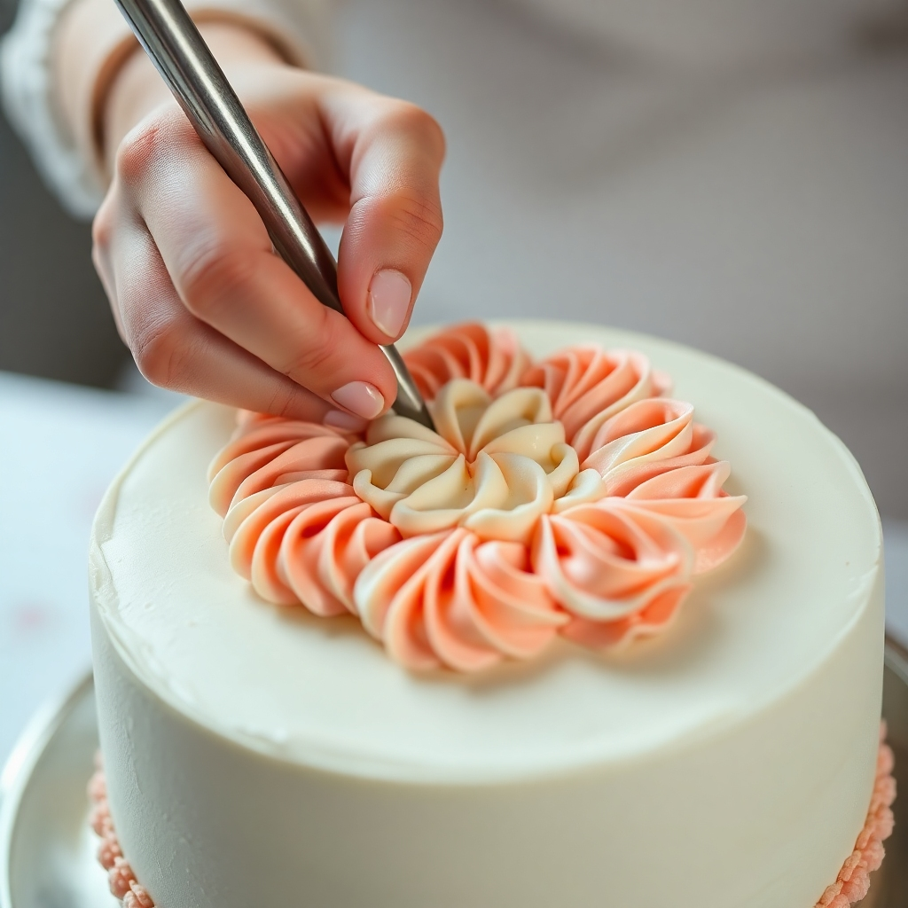 Show a close-up shot of hands meticulously decorating a cake with frosting. The design could be floral or geometric. The image should focus on the detail and precision involved in cake decorating. Use soft, diffused lighting.