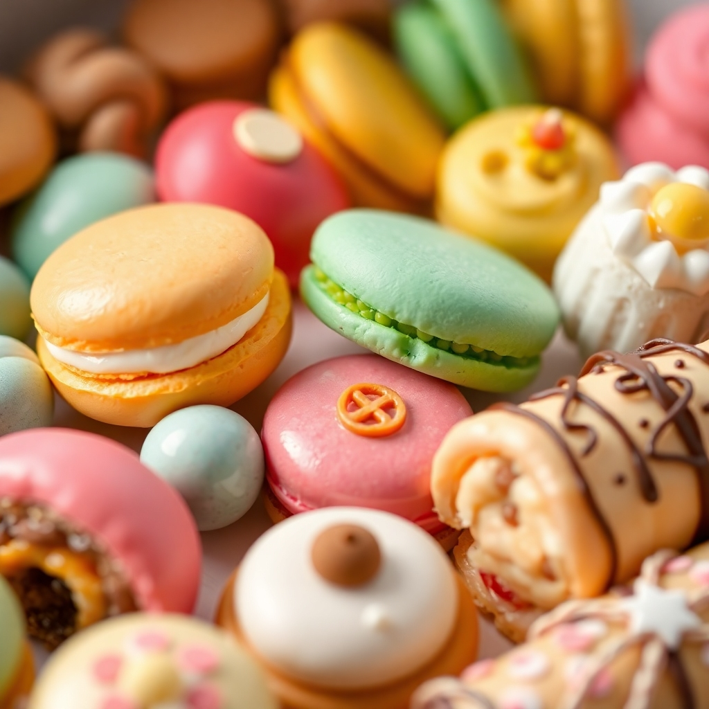 Show an assortment of global desserts, including macarons, baklava, mochi, and cannoli. The image should focus on the vibrant colors and intricate details of each dessert. Use bright, cheerful lighting.