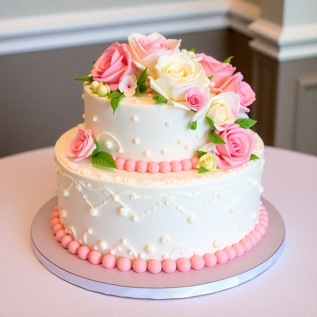Showcase a beautifully decorated custom cake, suitable for a wedding or birthday. The design should be intricate and visually appealing. Focus on details like fondant work and floral decorations. Use soft and elegant lighting.